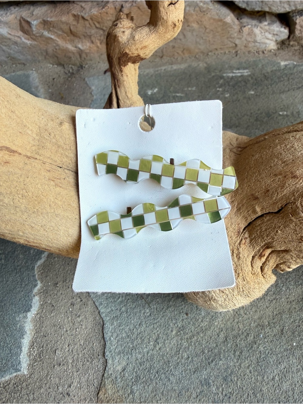 New🌟Free people-Wavy Checkerboard Hair Clips-Green